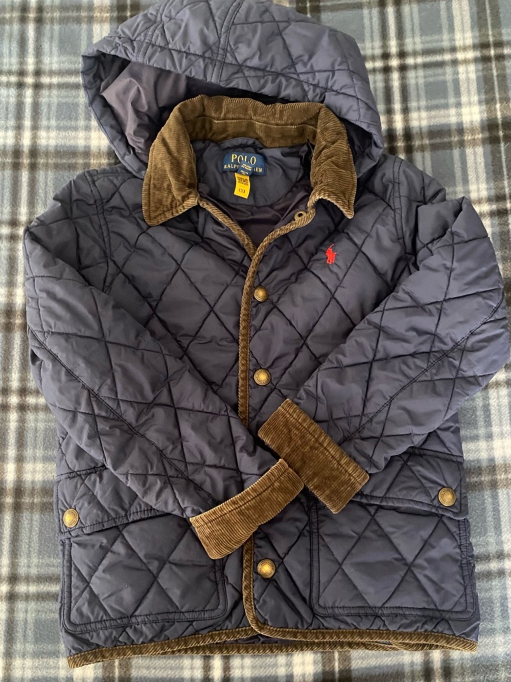 Ralph Lauren Navy Quilted Barn Jacket, corduroy trim & removable hood sz M 10-12